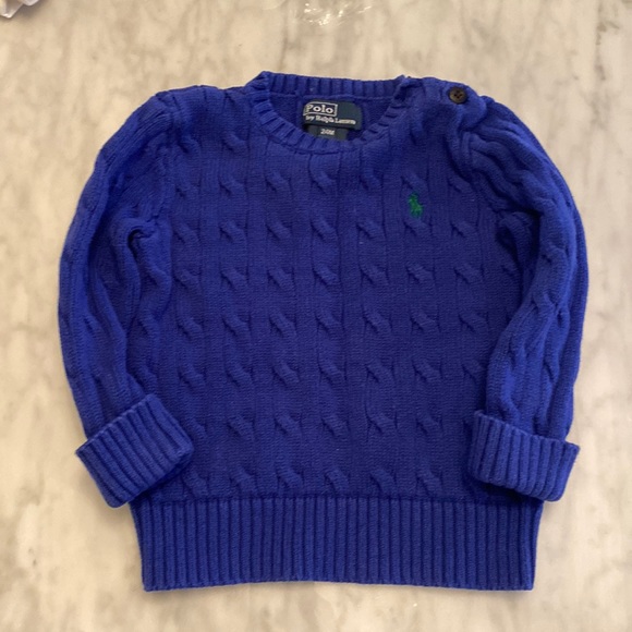 Unisex Blue Cable Knit Polo Sweater - Picture 1 of 3